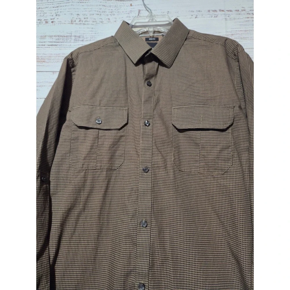 J. Ferrar Mens Slim Fit Houndstooth Button Down Shirt Brown Black Long Sleeve L